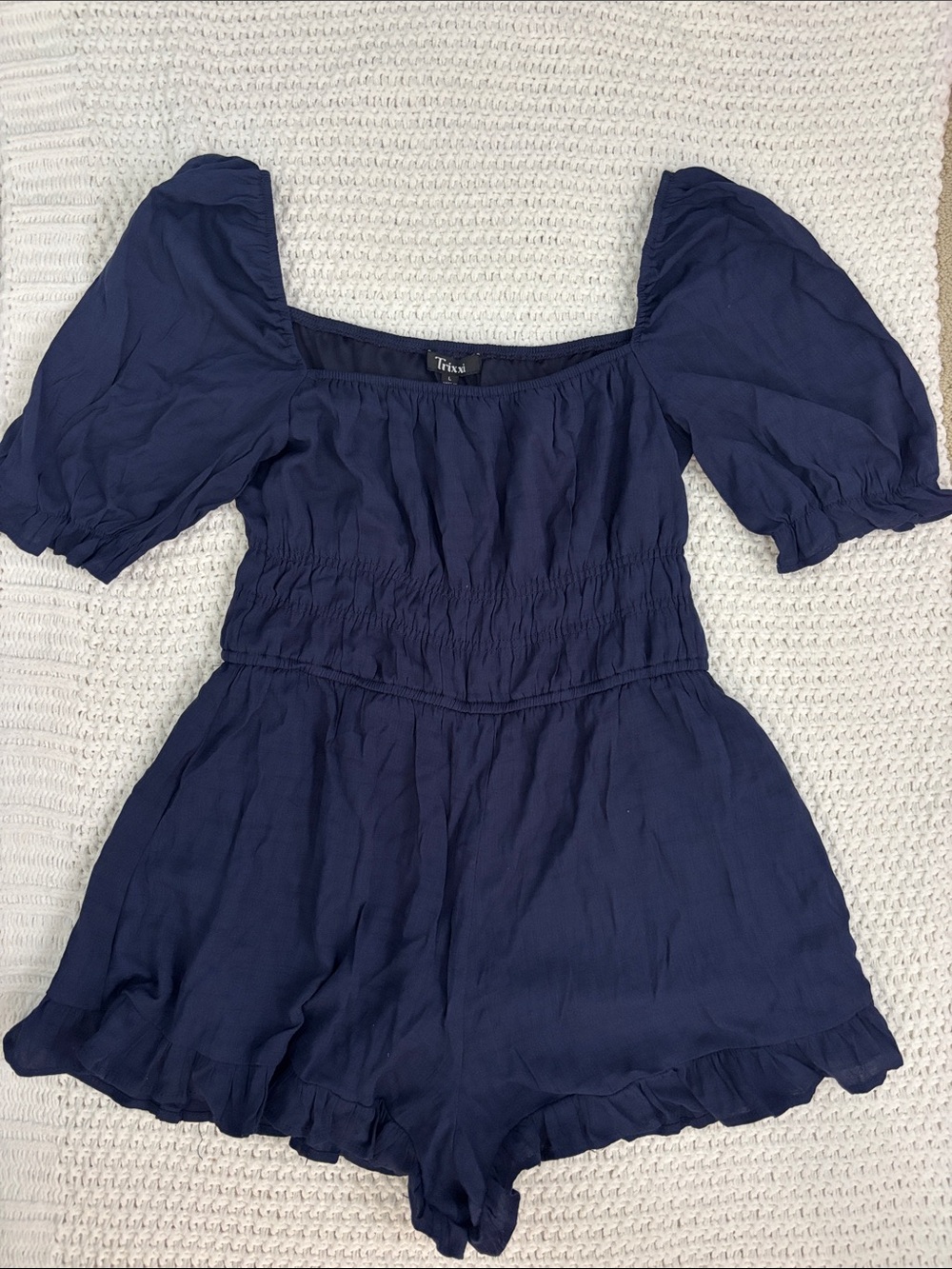 Trixxi Navy Puff-Sleeve Ruffle Square Neck Romper Milkmaid Feminine Coquette